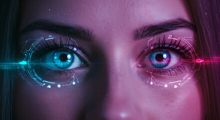 Poster - Woman using futuristic eye interface. Cyberpunk aesthetic for technology innovation and eye tracking concept. Augmented reality contact lenses digital interface display