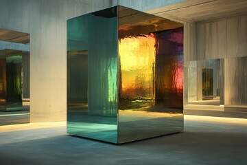 Poster - Reflective cube in modern gallery showcases vibrant colors and unique architecture
