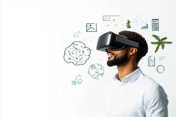 Poster - Man using virtual reality headset, immersed in digital world. Clean bright setting with graphics around him. Concept of technology, innovation, entertainment, virtual experiences