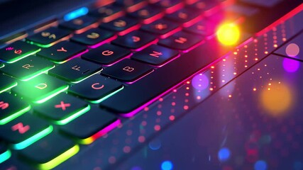 Poster - A close-up view of a laptop keyboard illuminated with vibrant colors, surrounded by sparkling particles that create a dynamic and modern atmosphere at night.