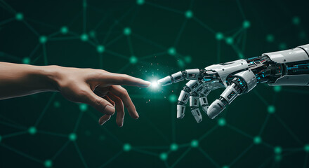 Poster - Human hand reaches out towards robotic hand. Artificial intelligence and connection of future technologies, interaction between human and robot for science concept