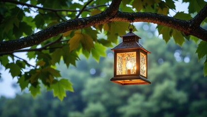 Poster - Elegant decorative lantern hanging from a tree branch surrounded by lush green leaves, glowing softly in the evening light, creating a serene ambiance