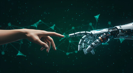 Poster - Creation of adam with robotic hand. Human and ai touching fingers connecting, technological progress in metaverse, innovative tech future for presentation