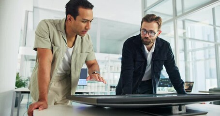 Aufkleber - Interactive display, conversation and business people in office, planning and research for wind turbine. Employees, coworking and environmentalist with brainstorming, cooperation and climate change