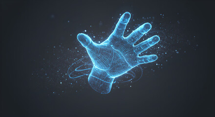 Poster - Futuristic digital hand reaches out in virtual space, technology concept for business presentation, modern design background for innovative projects or product showcase, promotion