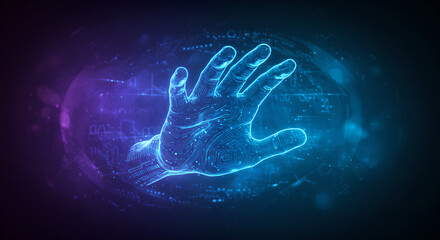 Poster - Hologram hand with circuit patterns illuminating in blue and violet, symbolizing advanced technology, virtual reality, cybersecurity, data access for digital background