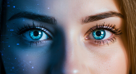 Poster - Woman's face with holographic effect over eye represents future technology in personal data processing and digital identification for secure access solution