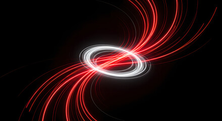 Poster - Abstract light painting with orbital red trajectories for science fiction backgrounds & banners. Hi-tech innovation backdrop for presentation template. Futuristic art