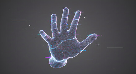 Poster - Wireframe hand with futuristic glitch effect as virtual data representation. Abstract technology concept. Hand digital hologram for metaverse vr and cyberspace.