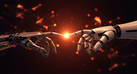 Poster - Creation of ai by robot arms touching fingers. Future artificial intelligence and machine overlord. Innovation, technology, cyberspace for tech company.