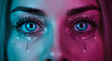 Poster - woman with futuristic hologram glasses. cybersecurity expert using vr interface. digital eye overlay