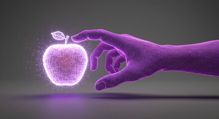 Poster - Wireframe robotic hand reaching for digital apple. Virtual reality innovation for business solutions, futuristic technology hologram for presentation or banner design.
