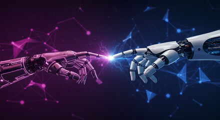Poster - Two robotic hands reach for each other with glowing fingers conveying artificial intelligence integration and human machine collaboration concept for futuristic technology.