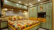 © muhammad - A small bedroom with a low-profile bed, compact wardrobe, and wall-mounted nightstands to save space