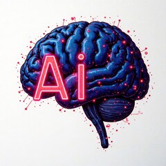 Poster - Vibrant artwork depicts a blue brain with an illuminated 'Ai' at its center symbolizing the fusion of creativity and technology in modern society.