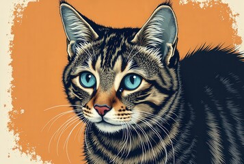  Closeup portrait of an adorable tabby cat with bright blue eyes. Digital illustration in vintage style.