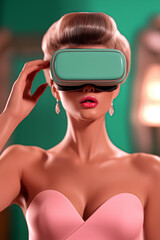 Poster - Woman using virtual reality headset with elegant hairstyle and makeup. Brightly colored background enhances futuristic vibe. Concept of technology, virtual experiences, gaming industry