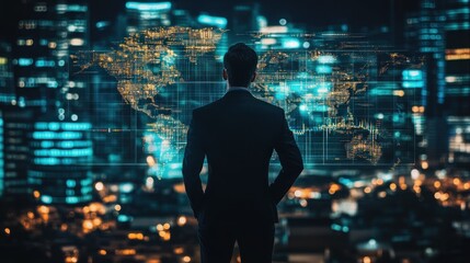Poster - Global Businessman, Visionary Leader Contemplating a Digital World Map Over a Futuristic Cityscape at Night