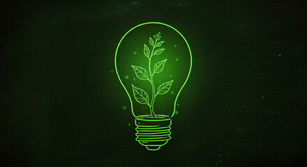 Poster - Digital Green Lightbulb with Plant Inside Representing Eco Friendly Energy and Innovation Concept on Dark Textured Background