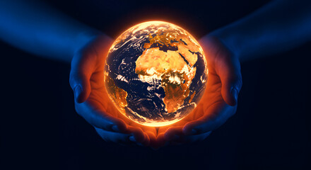Poster - Illuminated Earth Globe Cradled in Caring Hands on Dark Background Symbolizing Global Connection and Future Technology