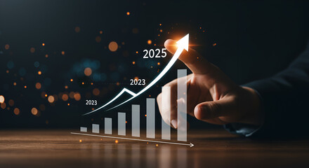 Poster - Person Hand Touching Futuristic Growth Chart with White Arrow and Data on Dark Background Representing Financial Increase