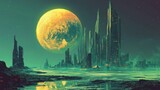 A futuristic cityscape on an alien planet under a giant moon.