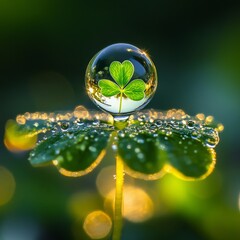 Poster - Lucky Reflections: A Clover Encapsulated in a Dewdrop, Sparkling with Morning Light on a Four Leaf Clover.