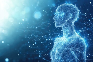 Poster - A digital representation of a human figure composed of glowing particles. set against a futuristic. abstract background filled with interconnected nodes and light patterns