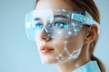 Poster - Woman wearing augmented reality glasses with digital interface projected on face. High-tech workspace setting with sleek design and innovative ambiance