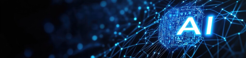 Poster - Vibrant Blue Ai Network Connecting Dots And Lines Symbolizing Artificial Intelligence On A Dark Background For Technology And Future Concepts