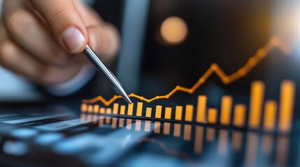 Poster - Financial Growth Analysis, Close-Up of a Stylus Tracing an Upward Trend on a Tablet Displaying a Dynamic Stock Market Chart