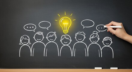 Poster - Creative team sharing ideas on chalkboard with lightbulb symbolizing innovation