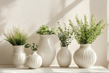 Poster - Modern composition of green plants in white ceramic vases showcasing elegant home decor style against a neutral background