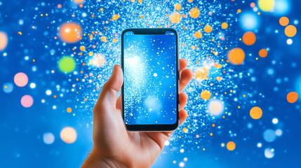 Leinwandbilder - A hand is holding a smartphone that shows a captivating display of blue hues and colorful sparkles. The background features a burst of light and colors, creating a vibrant and dynamic atmosphere