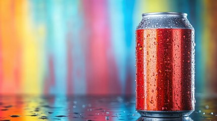 Poster - Classic soda can glistens with condensation against vibrant background reflecting colors and contrasts in a refreshing display
