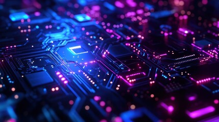 Poster - Abstract Circuit Board, Neon Glow in Blue and Purple