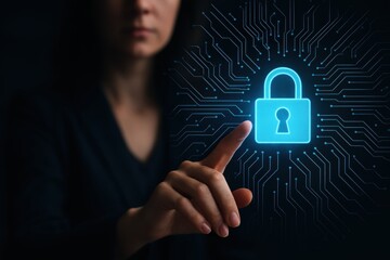 Aufkleber - Digital Security: A person interacts with a glowing padlock representing cybersecurity, emphasizing data protection and online safety in a dark environment. 