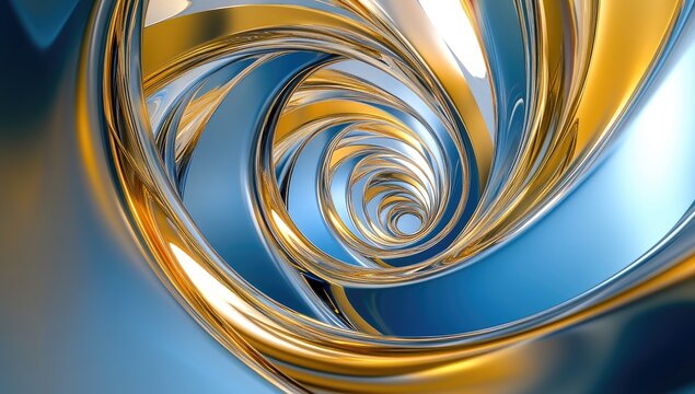 Abstract 3D Swirling Vortex Tunnel with Iridescent Blue and Gold Reflections and Depth of Field