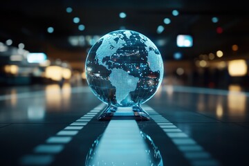 Poster - Glass globe reflecting digital world map in busy airport