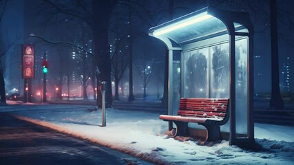 Wall Mural - snow covered bus stop illuminated by street lights on a winter night, with traffic lights changing a