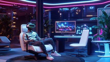 Poster - A man in a chair wearing a vr headset is playing
