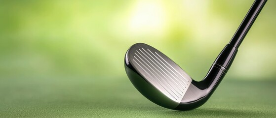 Poster - Close-up of a golf club resting on green grass, emphasizing its shiny head and intricate grooves.