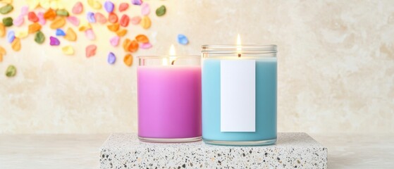 Poster - Two colorful candles on a textured surface, with vibrant stones scattered in the background, creating a calming ambiance.