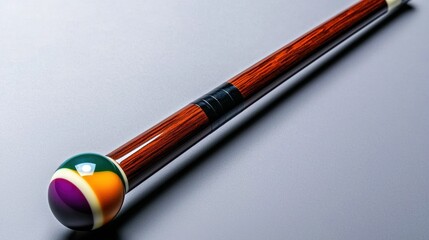 Poster - A close-up of a colorful billiard cue stick resting on a dark surface, showcasing its unique design and craftsmanship.