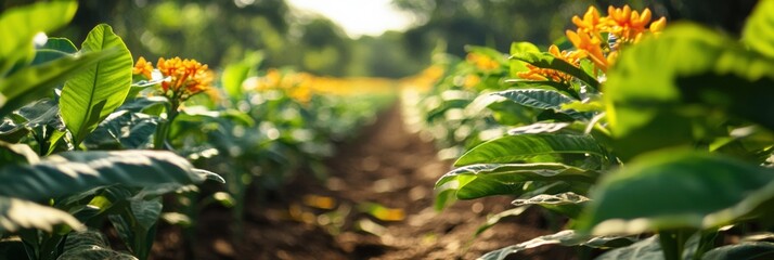 Aufkleber - Turmeric plantation vibrant with green leaves and golden flowers under warm sunlight