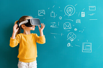 Poster - Child engaging with virtual reality headset, showcasing immersive experience in modern learning environment. Bright blue wall decorated with digital symbols enhances focus