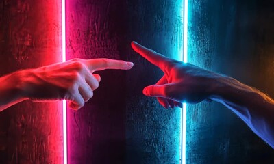 Poster - Human hands interacting with colorful neon light, futuristic connection concept, new technology