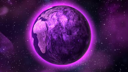 Wall Mural - Planet Earth illuminated in purple hues, surrounded by a starry space backdrop showcasing vibrant cosmic colors