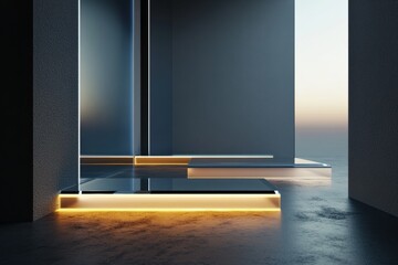 Fototapete - Futuristic minimalist architecture featuring glowing panels and transparent platforms creating a sleek, modern presentation space