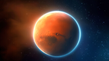 Wall Mural - mars appears prominently with its distinctive reddish surface and polar ice caps, surrounded by a de